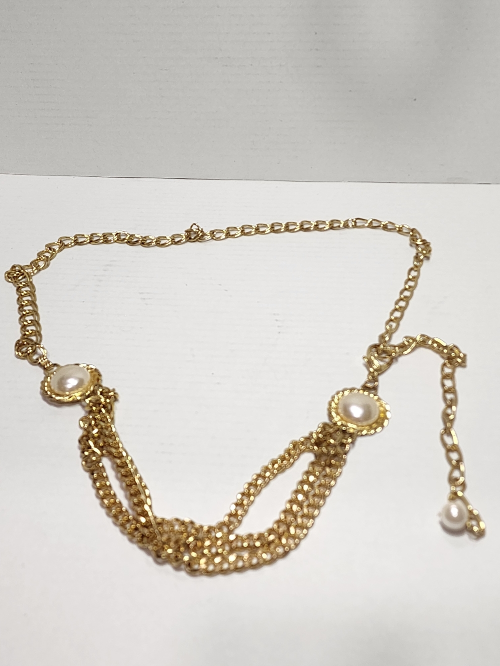 Vintage  Haute Couture Gold Chain Belt Faux Pearl 41"